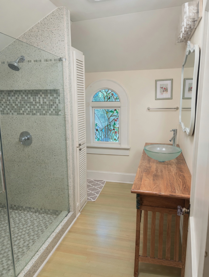 The same bath from a wider angle, framing the arched stained-glass tree window at the far end.