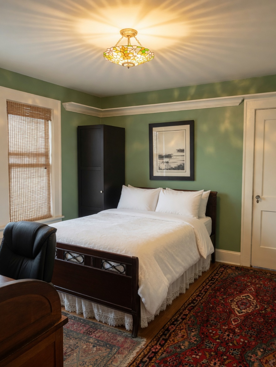 A sage-green bedroom with a dark mahogany sleigh bed under a Tiffany-style ceiling fixture.