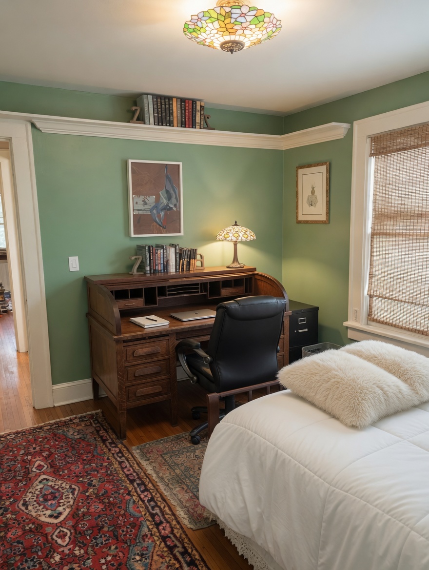 An antique oak roll-top desk in the green room, with matching Tiffany table lamp.