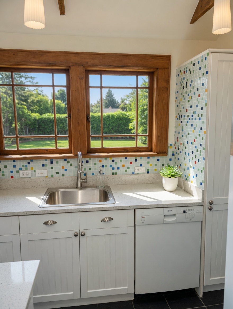 The kitchen sink wall: confetti mosaic backsplash under reclaimed-wood casement windows.