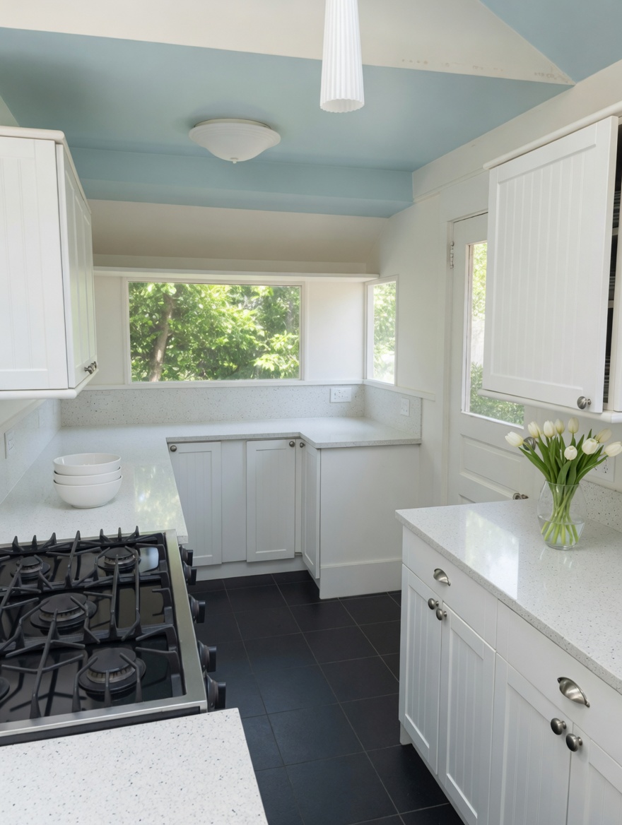 The opposite end of the kitchen: black gas range, haint-blue ceiling, bank of windows.