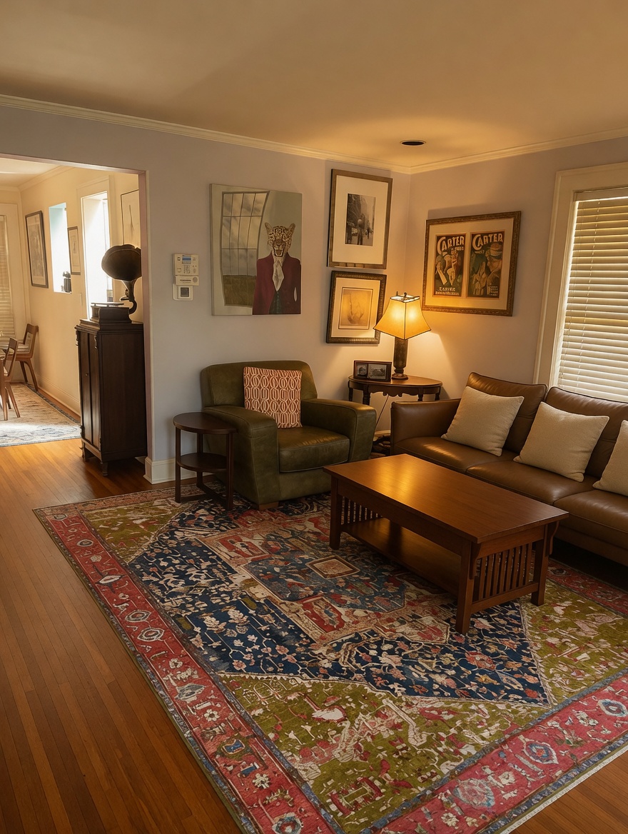 The living room in evening light: leather sofa, jaguar portrait, Carter the Great posters.