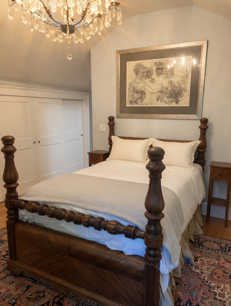 A heavily-turned mahogany four-poster bed beneath a framed graphite figure drawing.