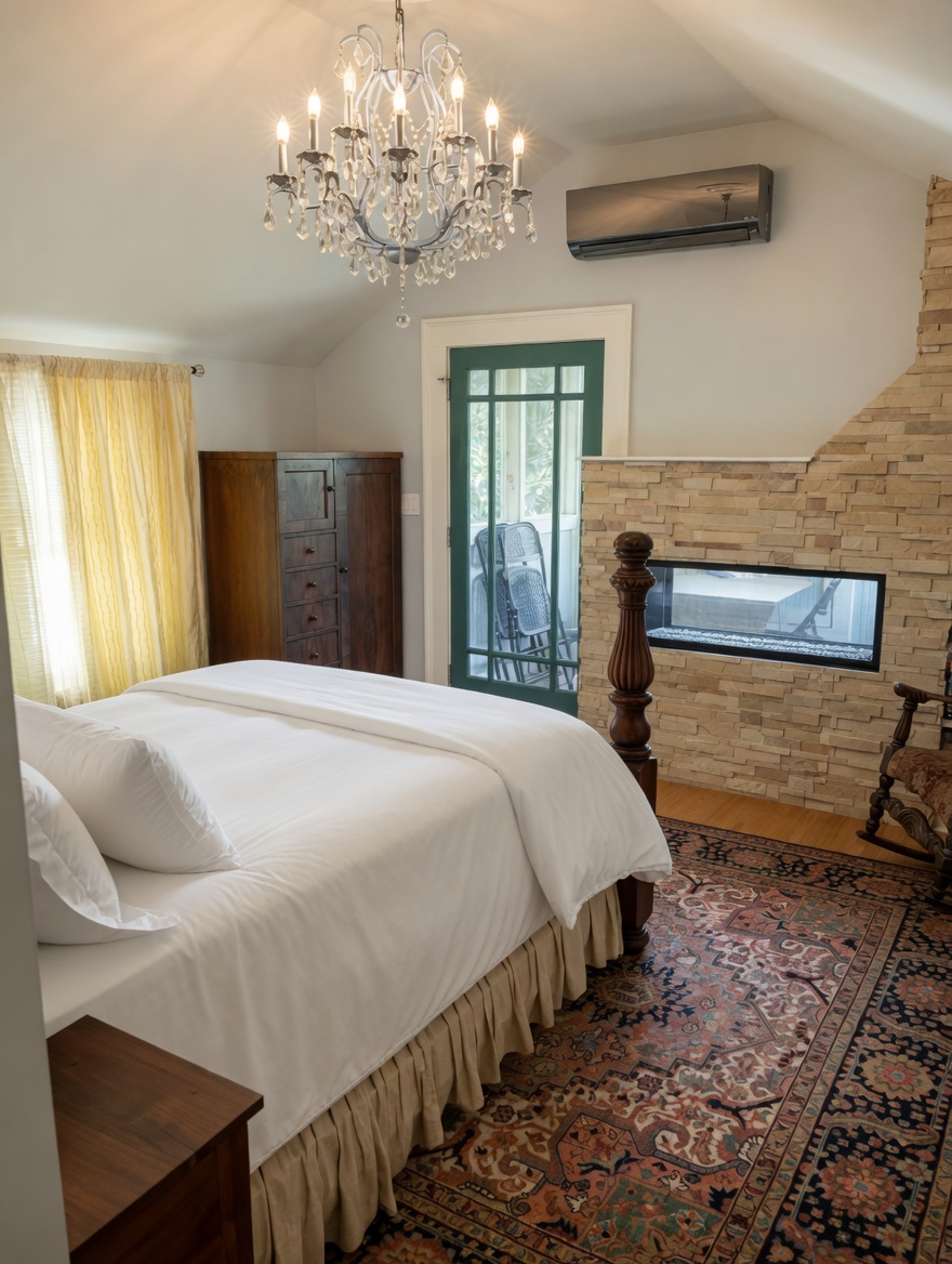 The master bedroom with stacked-stone fireplace, crystal chandelier, and French door to the balcony.
