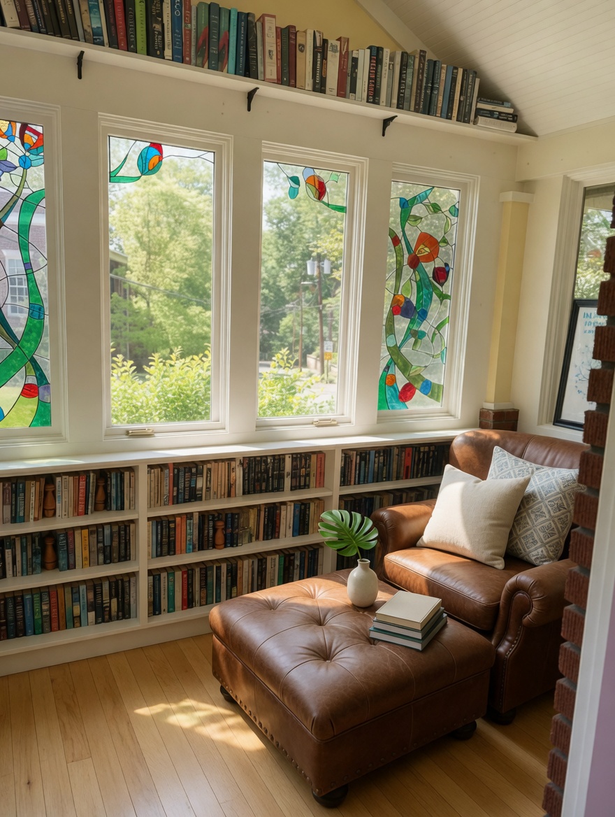 A wing chair and ottoman beside built-in bookshelves under stained-glass windows.