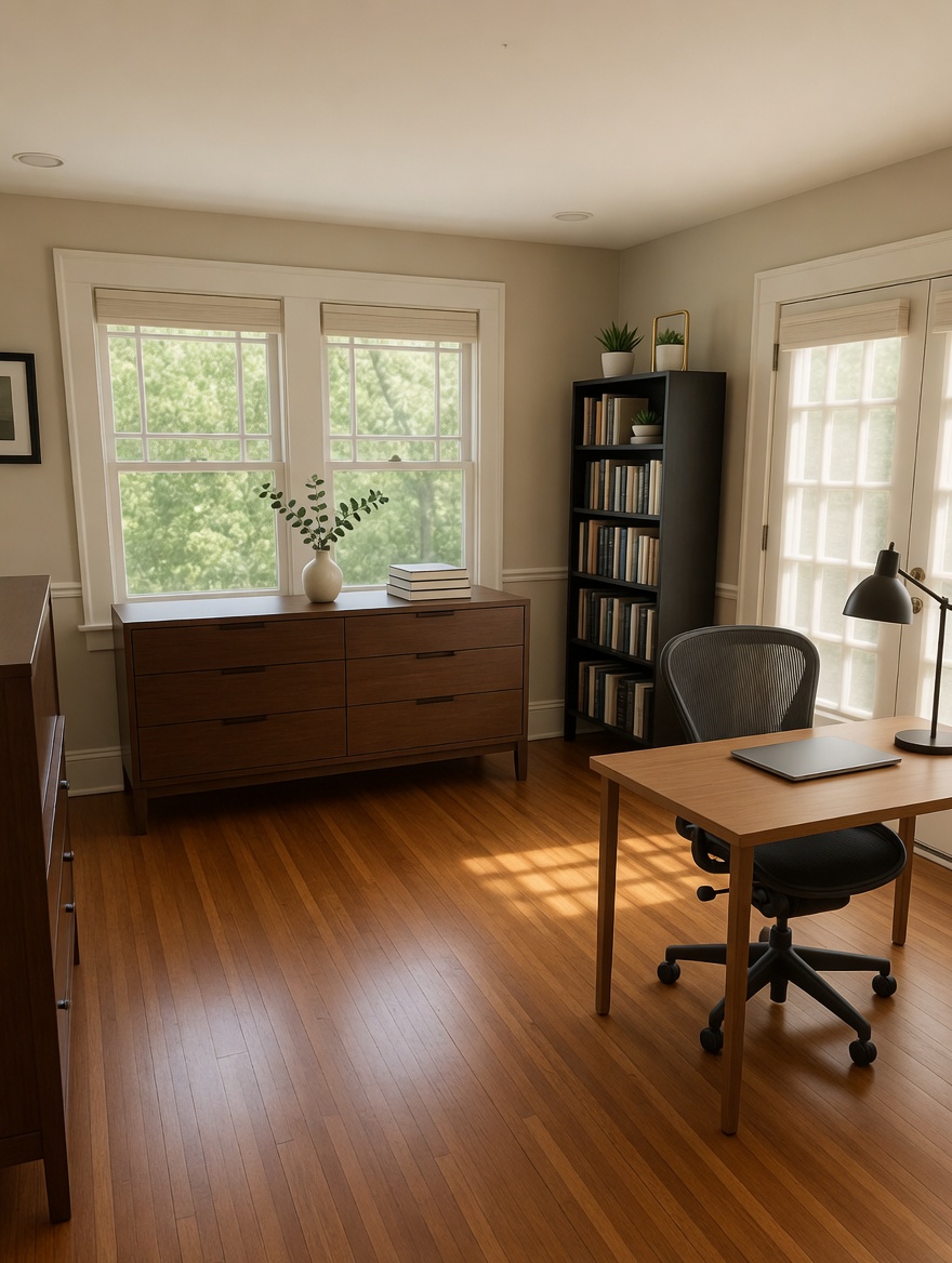 A quiet study with walnut dresser, black etagere, and an Aeron chair at a plain blonde desk.