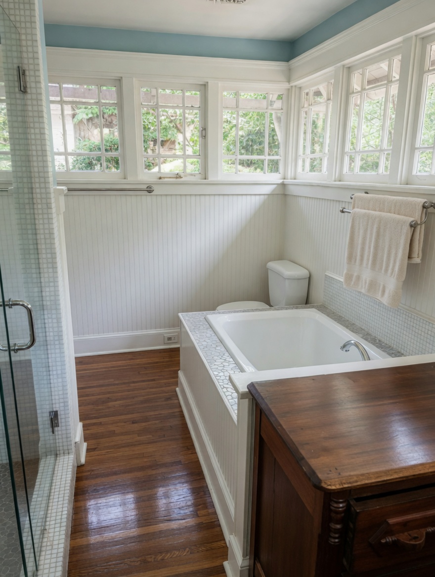 A drop-in tub with pebble-mosaic deck under a bank of windows looking into the tree canopy.