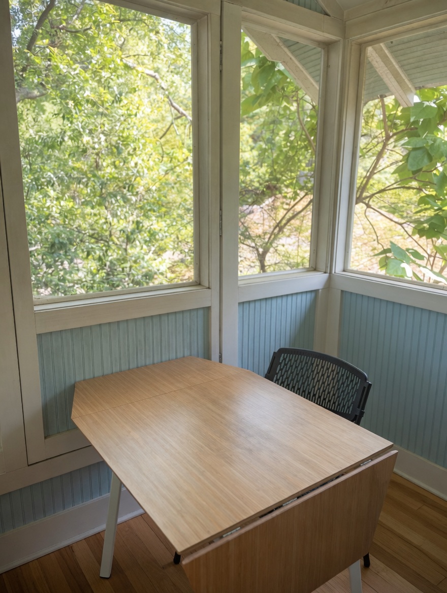 A small writing nook with a bamboo desk and three large windows wrapping the corner at treetop level.